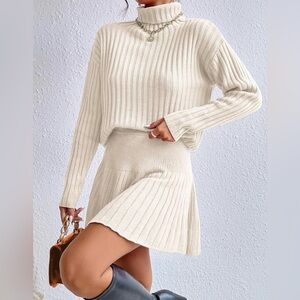 Oatmeal Ribbed Knit Sweater & Skirt Set Turtleneck Top Mini Skirt Cozy small